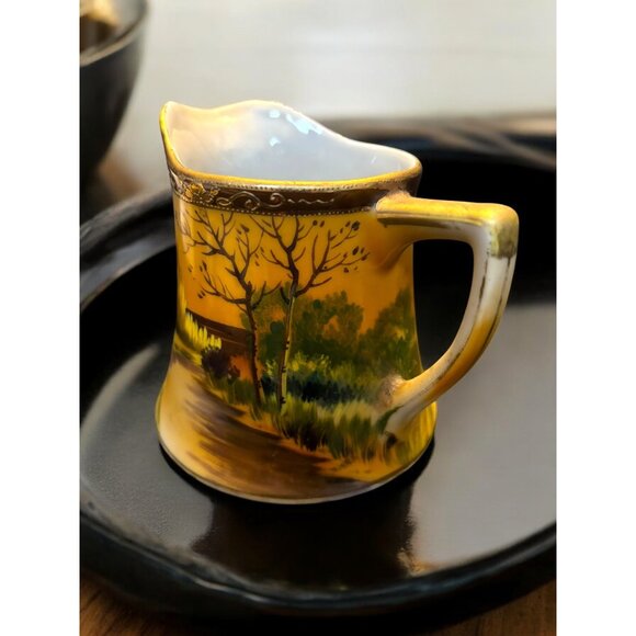 Vintage Japan Hand Painted Landscape Scene Superfine China Covered Sugar and Cre - Picture 7 of 12